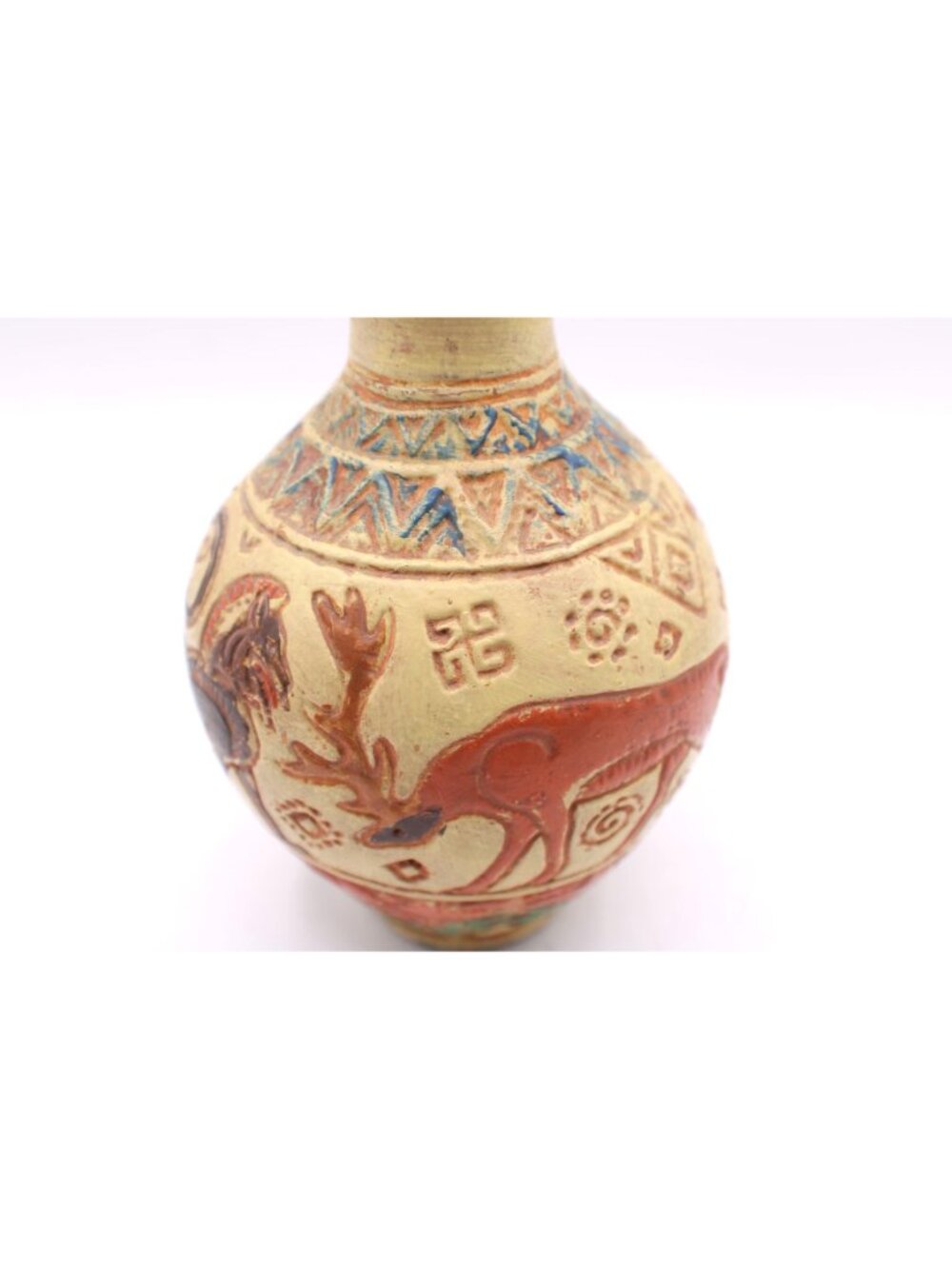 Animal Motif Pottery Jug Vase Geo Signed Rustic Decor 6" H Small Chip Red Clay - Picture 12 of 12